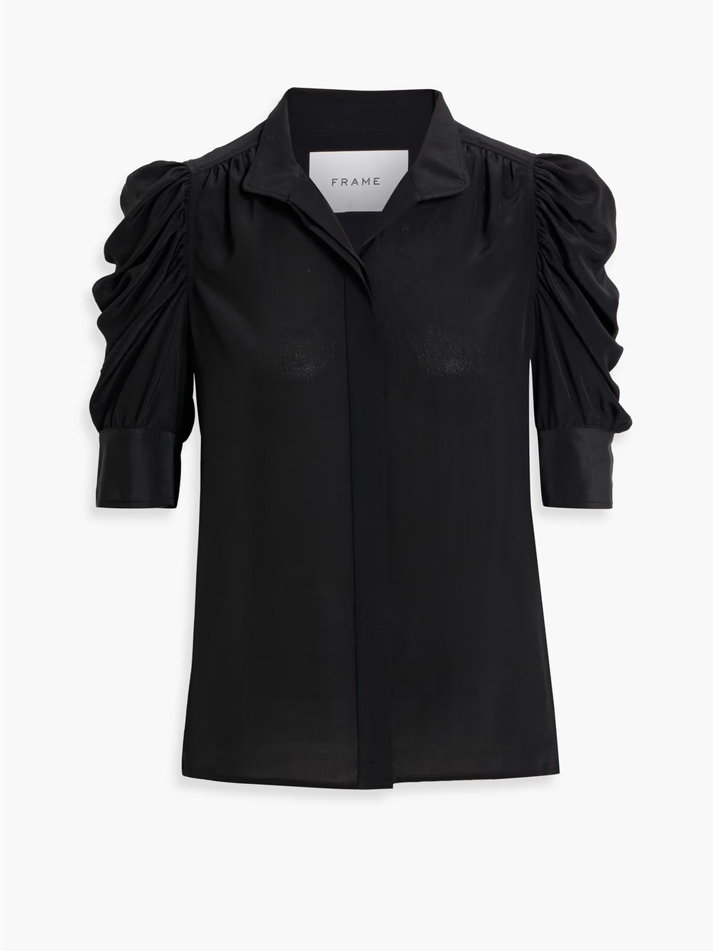 Frame The Gillian Black Ruched Puff-Sleeve Button-Front Silk Shirt